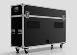 The 70" Motorised Single Screen Case is a large black equipment case with metal edges and handles, mounted on four caster wheels, shown against a plain light background.