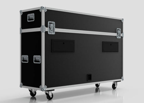 The 70" Motorised Single Screen Case is a large black equipment case with metal edges and handles, mounted on four caster wheels, shown against a plain light background.