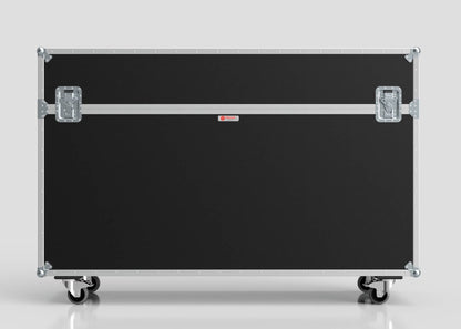 A 70" Motorised Single Screen Case in black with metal reinforced corners, four caster wheels, and two front latches, shown against a plain light background.