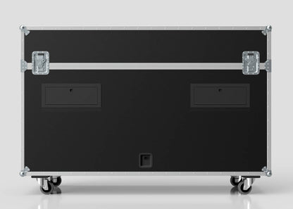 The 70" Motorised Single Screen Case is a large black road case with metal reinforcements, two handles, and four caster wheels, displayed against a plain light background.