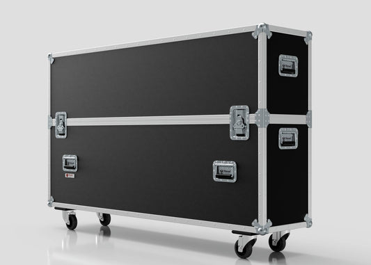 The 70" Single Screen Case is a large black rectangular case with metal edges and handles, standing on four caster wheels, shown against a plain light background.
