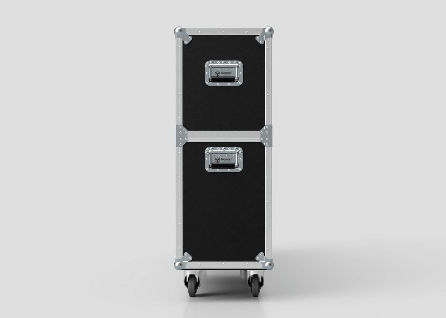 A 70" Single Screen Case in black and silver with metal edges and handles stands upright on four caster wheels against a plain background.