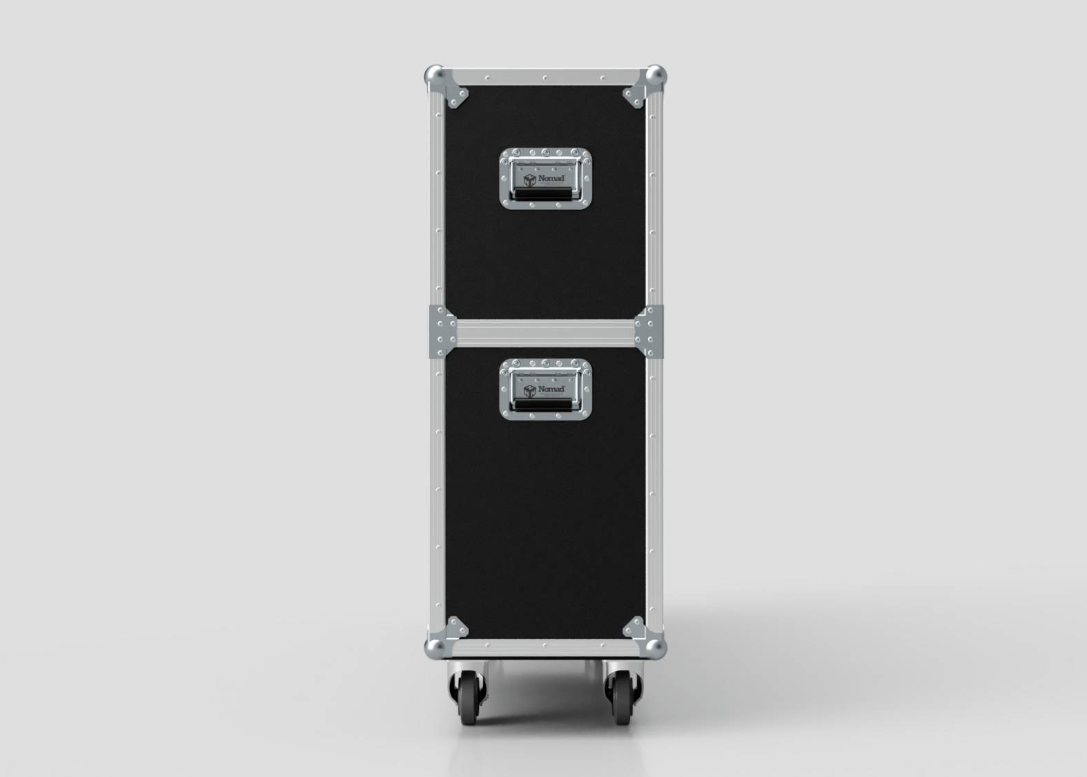 A 70" Single Screen Case in black and silver with metal edges and handles stands upright on four caster wheels against a plain background.