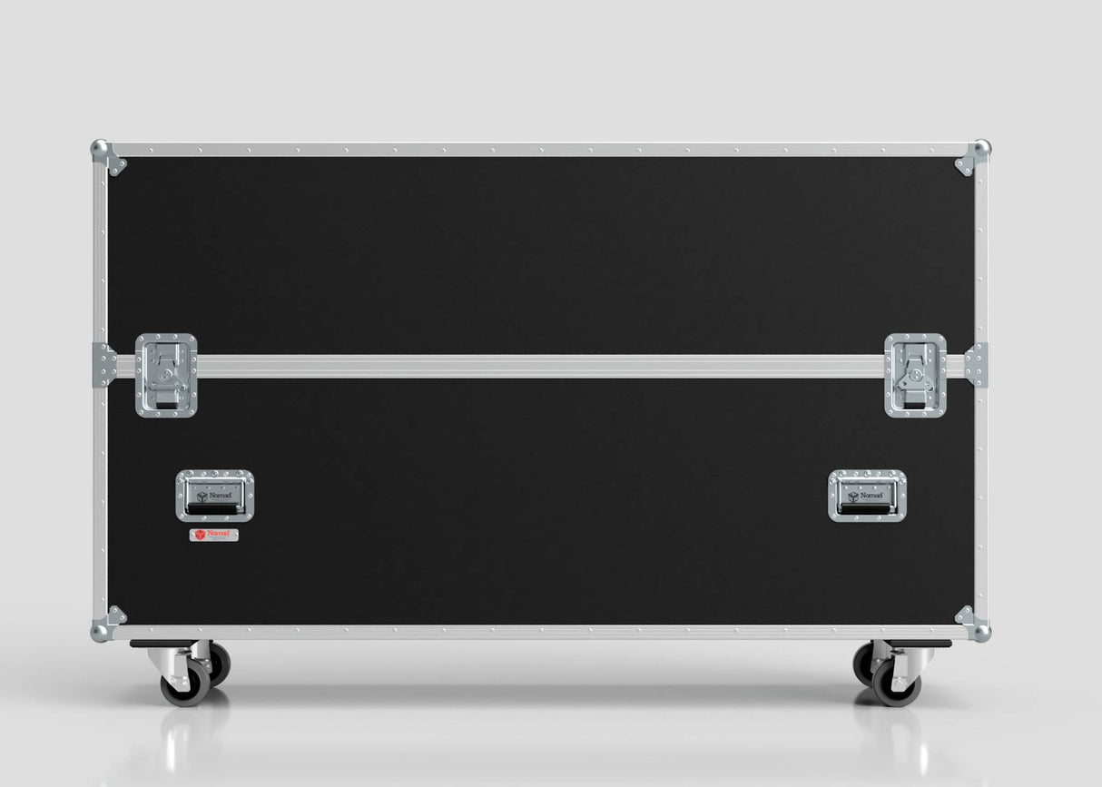 The 70" Single Screen Case is a large black road case featuring metal edges and corners, two latches, two handles, and four caster wheels, shown against a plain light background.