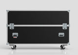 The 70" Single Screen Case is a large black road case featuring metal edges and corners, two latches, two handles, and four caster wheels, shown against a plain light background.