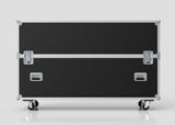 70" Single Screen Case in black with metal edges, latches, and handles, shown on four caster wheels against a plain light background.