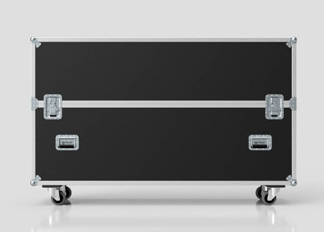 70" Single Screen Case in black with metal edges, latches, and handles, shown on four caster wheels against a plain light background.