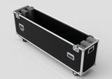 The 75" Double Screen Case is a black, rectangular padded equipment case with metal edges, handles, and wheels, displayed open and empty against a light background.