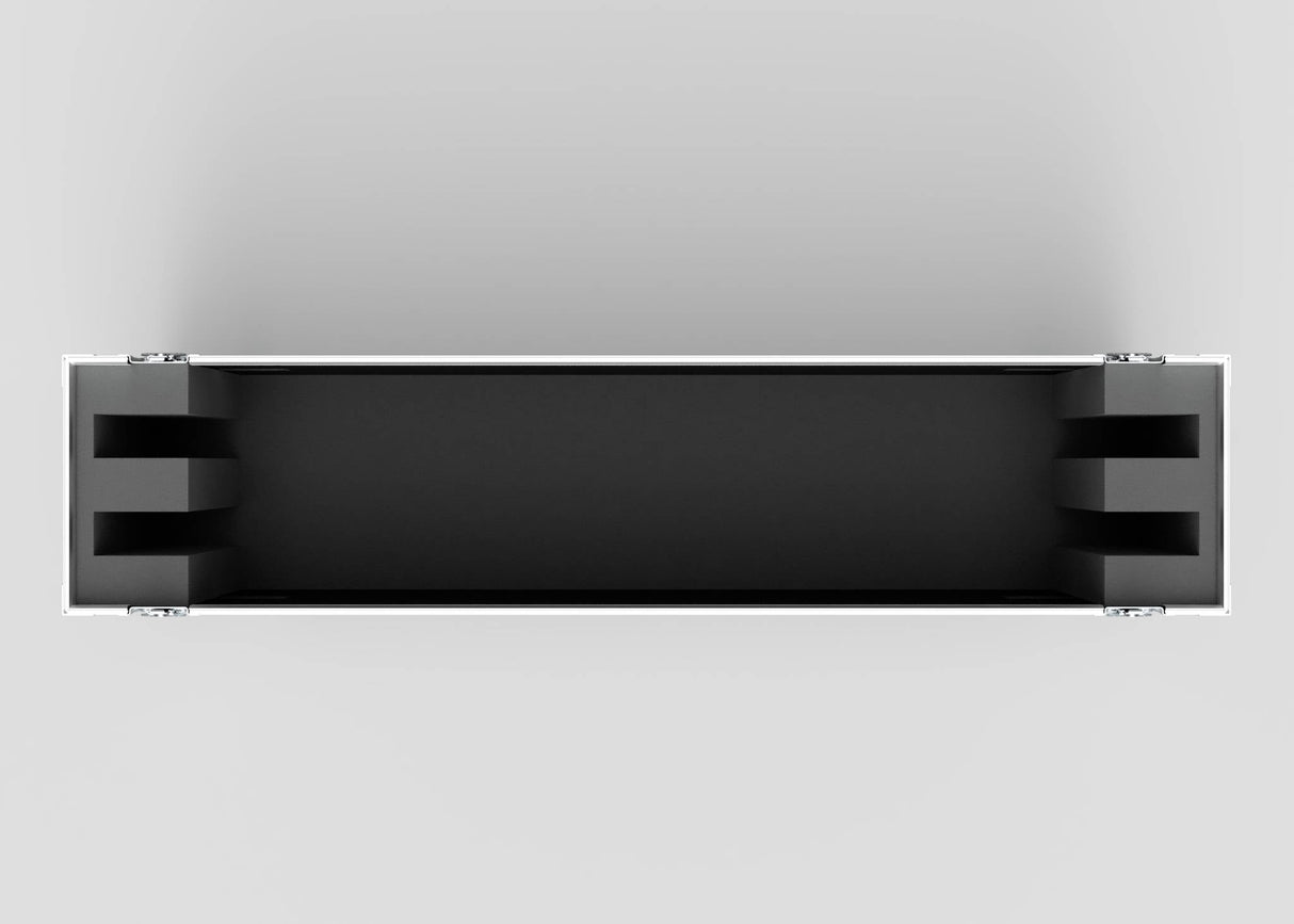 Top view of an empty 75" Double Screen Case—rectangular, black, with a hard exterior and fitted interior compartments at both ends.