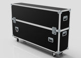 The 75" Double Screen Case is a large black flight case with metal edges, corner protectors, handles, latches, and four caster wheels, shown standing on a white surface.