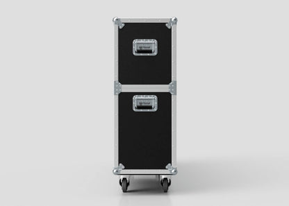 A 75" Double Screen Case, black and rectangular with metal edges and two silver handles, stands upright on four wheels against a plain light background.