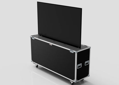 A 75" Motorised Single Screen Case with a large flat-screen TV partially raised from its black, metal-edged rolling case and handles, set against a plain background.