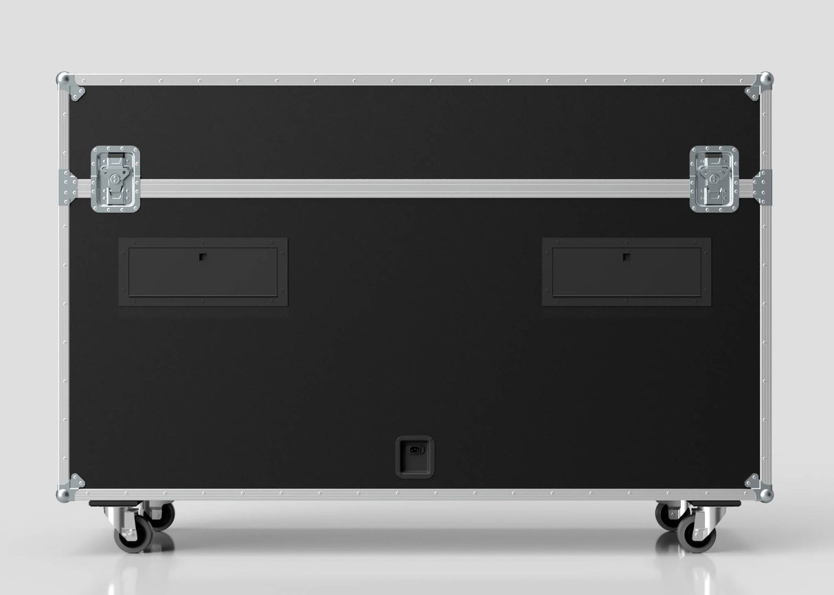 The 75" Motorised Single Screen Case is a large black equipment case with metal edges, handles, latches, and wheels, displayed on a plain light background.
