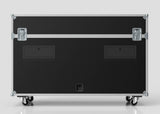 The 75" Motorised Single Screen Case is a large black equipment case with metal edges, handles, latches, and wheels, displayed on a plain light background.
