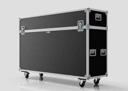 A 75" Motorised Single Screen Case, featuring a large black design with metal corners, handles, and four caster wheels, stands on a white surface.