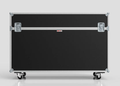 The 75" Motorised Single Screen Case is a large black rectangular case with silver metal edges, two latches, and four caster wheels, set against a plain light background.