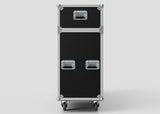 A 75" Motorised Single Screen Case, tall and black with metal edges, three metal latches, and four wheels, stands upright against a plain light background.