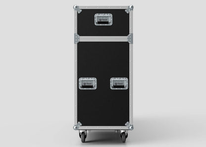 A 75" Motorised Single Screen Case, tall and black with metal edges, three metal latches, and four wheels, stands upright against a plain light background.