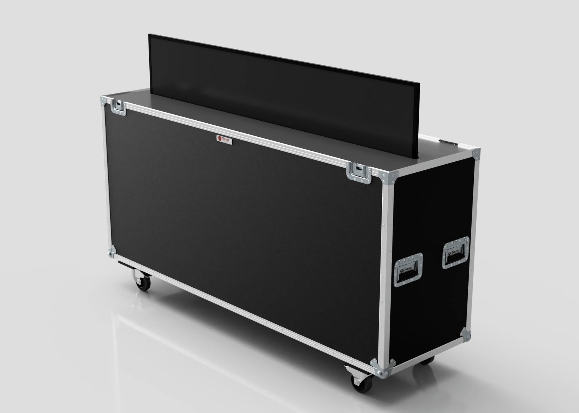 A 75" Motorised Single Screen Case in black with metal edges and handles, shown partially open to reveal a flat-screen monitor, set against a plain background.