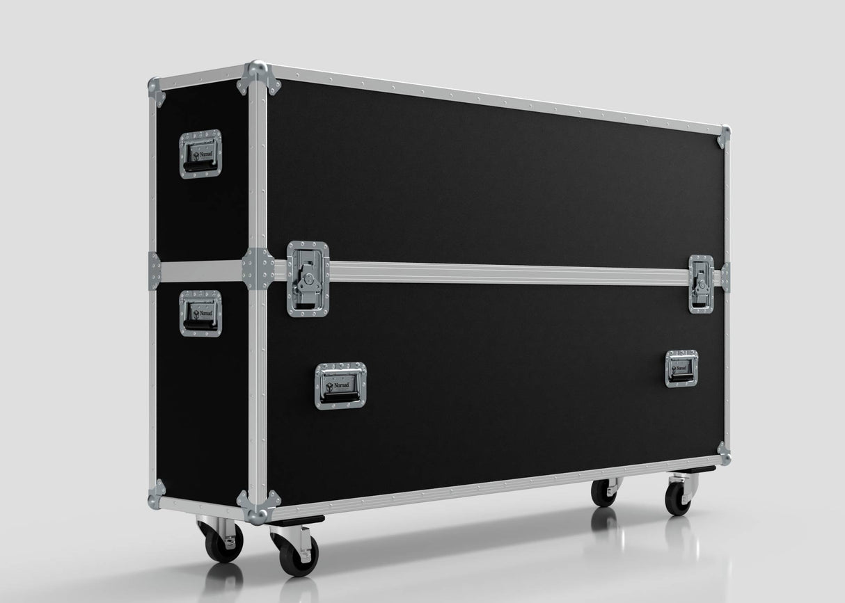 The 75" Single Screen Case is a large black wheeled case with metal edges, handles, and latches, shown against a plain light background.