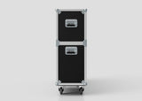 The 75" Single Screen Case is a black rectangular flight case with metal edges and corners, two metal handles, and four caster wheels, shown upright against a plain background.