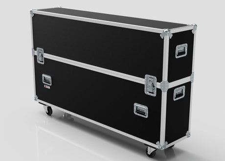 A 75" Single Screen Case, black and rectangular with metal reinforcements, latches, handles, and wheels, shown on a white background.