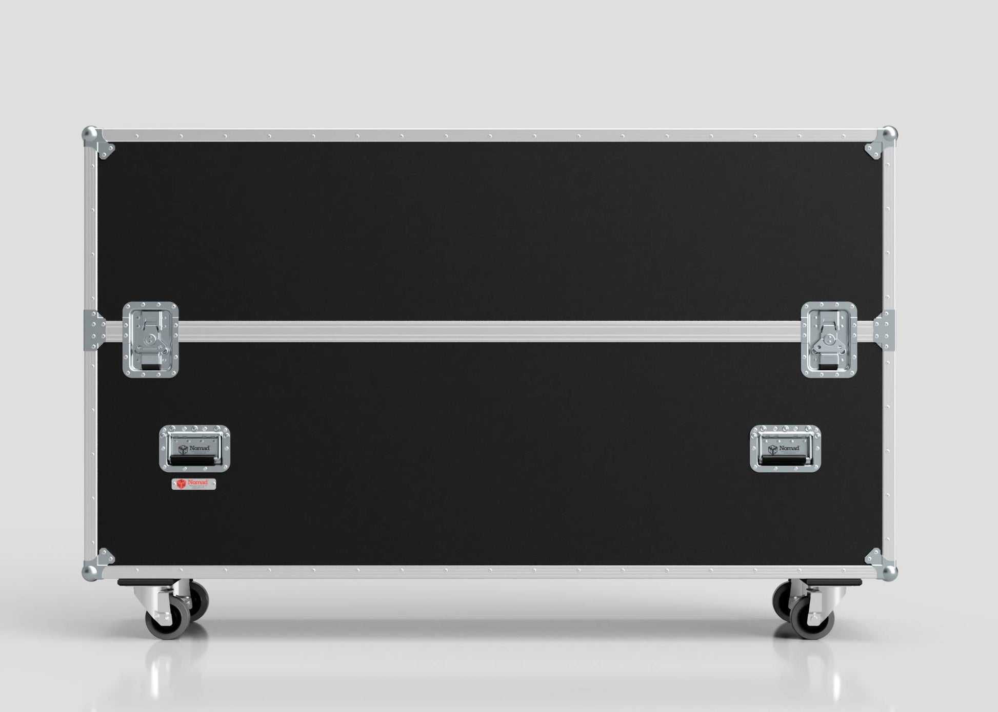 The 75" Single Screen Case is a large black equipment case with metal edges, latches, handles, and four wheels, pictured against a plain light background.
