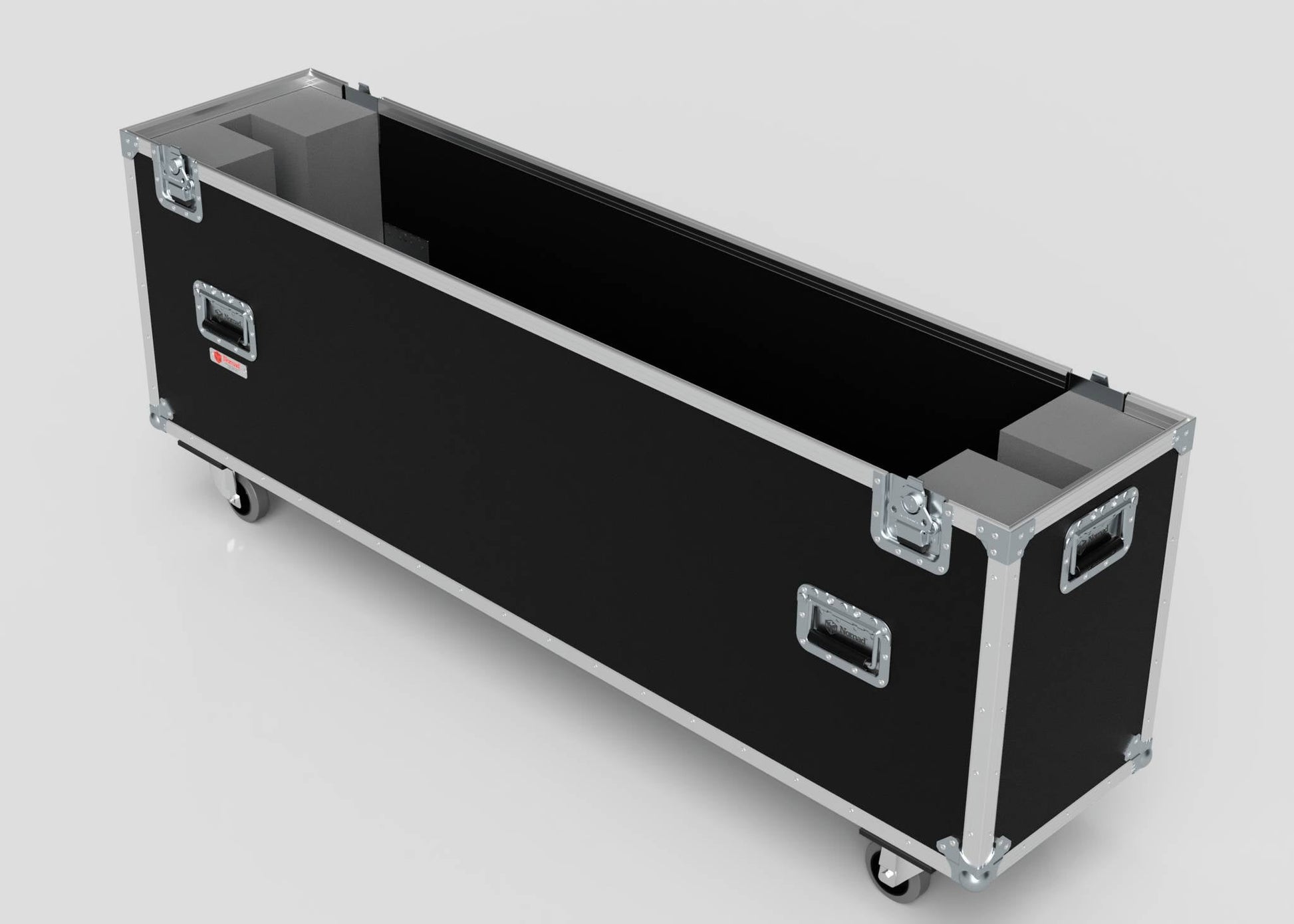 The 75" Single Screen Case is a black, rectangular storage case with wheels, metal edges, and handles, shown open and empty against a plain background.