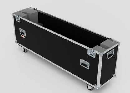 The 75" Single Screen Case is a black, rectangular storage case with wheels, metal edges, and handles, shown open and empty against a plain background.