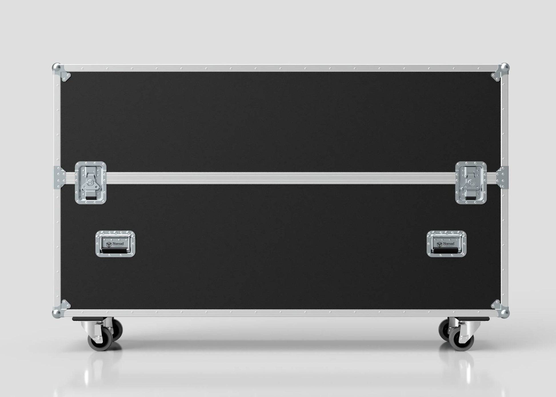 The 75" Single Screen Case is a large black and silver flight case on four wheels with metal latches and handles, shown against a plain light background.