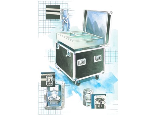 A black road case with metal hardware is shown open on casters, displaying interior compartments and close-up details of latches and handles.