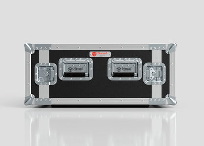 The 7U Foam Shock Mounted 19" Rack Case, in black and silver with metal reinforcements, three handles, Nomad labels, and sturdy rack strips, is displayed against a plain light background.