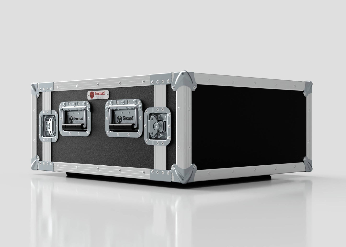 The 7U Foam Shock Mounted 19" Rack Case in black and silver, with metal reinforced corners and dual front latches, features internal foam mount racks and is displayed on a white surface.