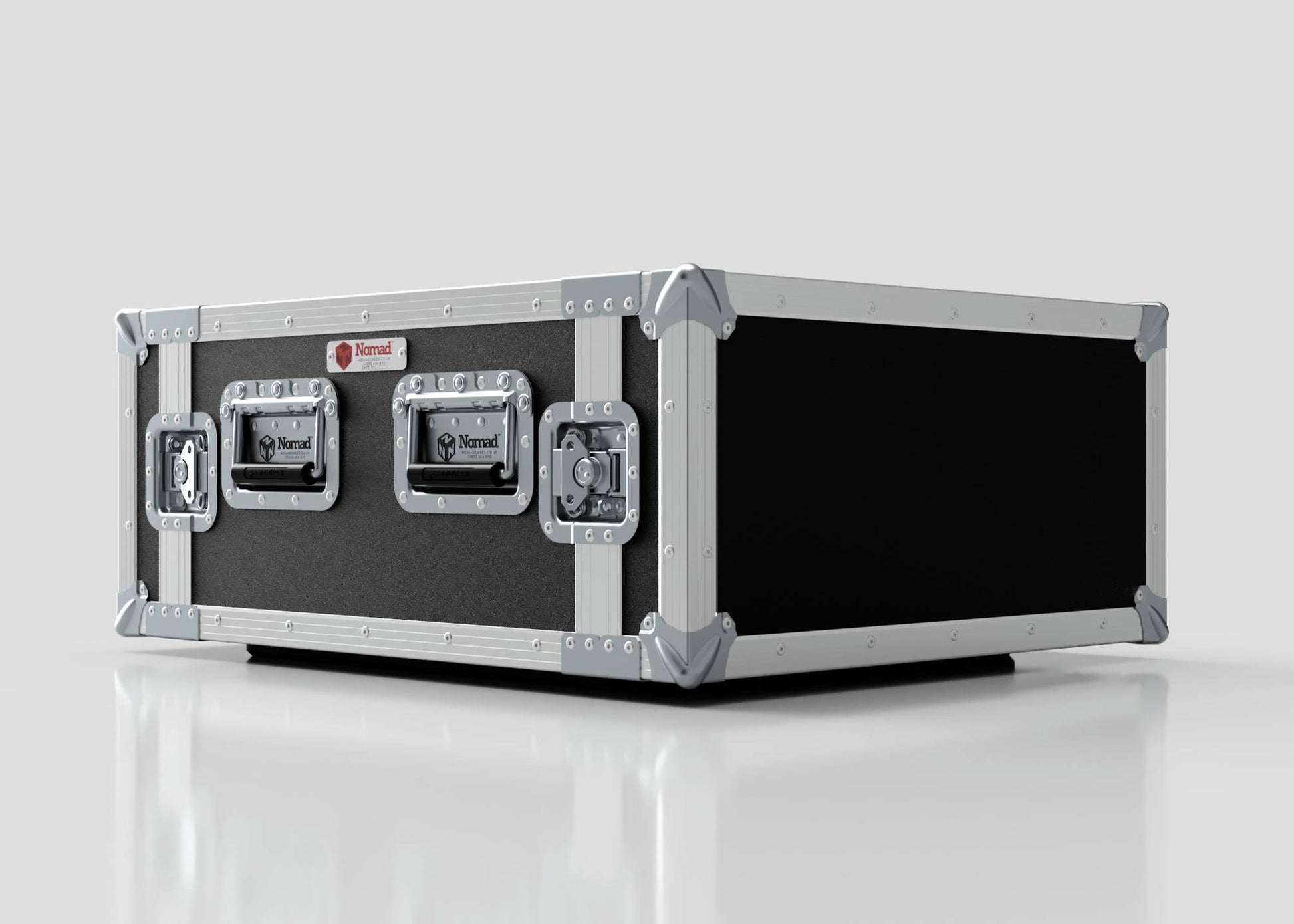 The 7U Foam Shock Mounted 19" Rack Case in black and silver, with metal reinforced corners and dual front latches, features internal foam mount racks and is displayed on a white surface.