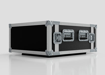 The 7U Foam Shock Mounted 19" Rack Case, featuring black and silver design with reinforced metal edges, two latches, and sturdy rack strips, rests on a smooth white surface against a plain background.