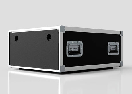 A 7U Shock Mount Slam Rack Case in black and silver, featuring metal handles and reinforced corners, sits on a white surface against a plain light gray background.