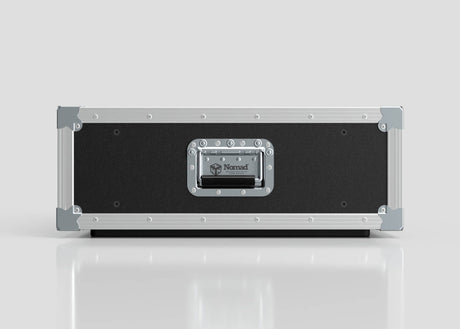 A black and silver 7U Slam Rack Case with metal edges, corners, a central handle, and a Nomad-labeled plate sits on a reflective surface.