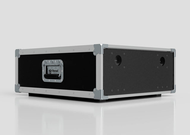 The 7U Slam Rack Case, a black and silver rectangular flight case with metal-reinforced edges and a side handle, rests on a reflective white surface.