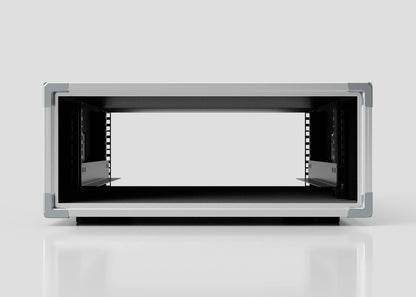 Front view of an empty 7U Slam Rack Case server chassis with mounting rails, set against a plain light background.
