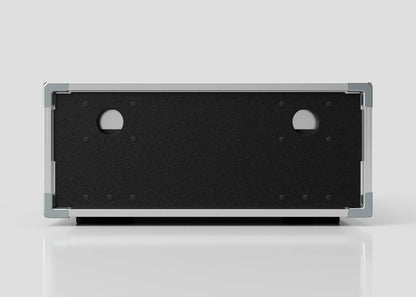 The 7U Slam Rack Case is a rectangular black and silver electronic equipment case shown from the front, with two circular openings and metal corner protectors.