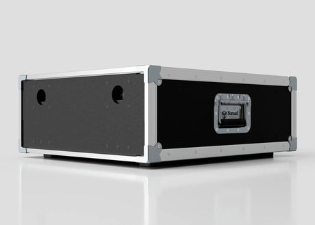 A 7U Slam Rack Case, featuring a black rectangular design with silver metal edges and protective corners, sits on a white surface.
