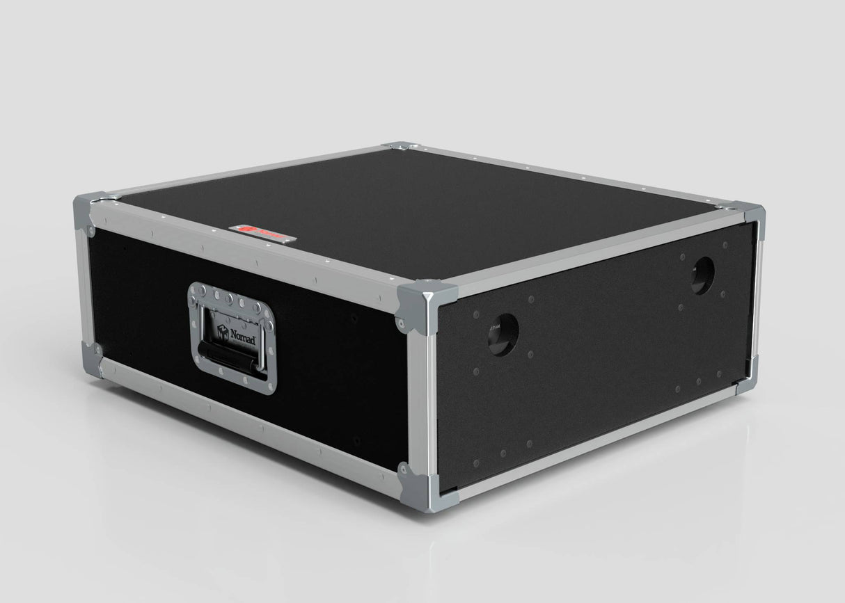 The 7U Slam Rack Case is a black and silver rectangular equipment case with metal edges, a front handle, and two circular side openings, shown on a white surface.
