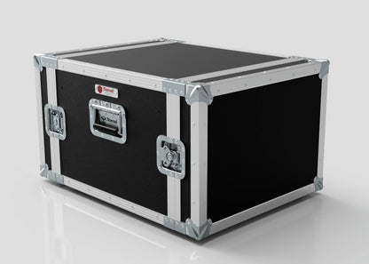 The 7U Standard Rack Case, UK made in black and silver with reinforced metal edges and handles, rests on a glossy white surface.