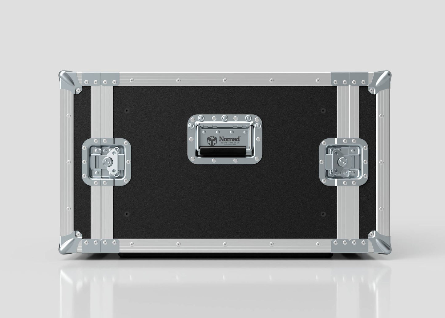 The 7U Standard Rack Case is a black and silver UK-made rack with metal reinforcements, corner protectors, latches, and a front plate labeled Nomad—designed for reliable equipment protection.