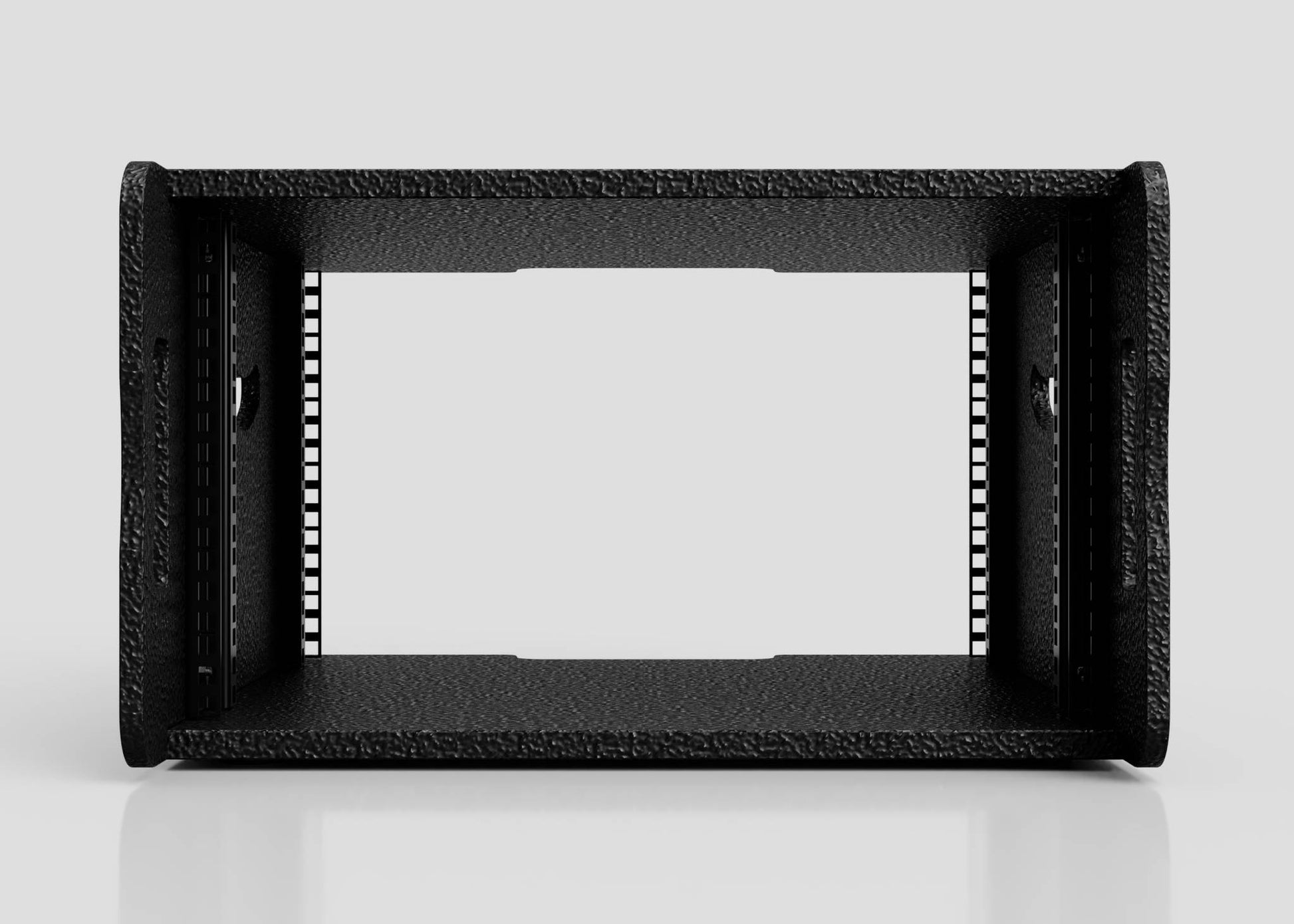 Front view of a 7U Standard Rack Sleeve, an empty black metal rackmount enclosure with textured surface, open center, and mounting rails on both sides, set against a plain light background.
