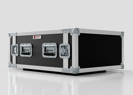 The 7U Suspended Shock Mounted Rack Case, featuring black and silver finish, metal-reinforced corners, dual handles, and secure latches for equipment protection, is shown on a plain white surface.
