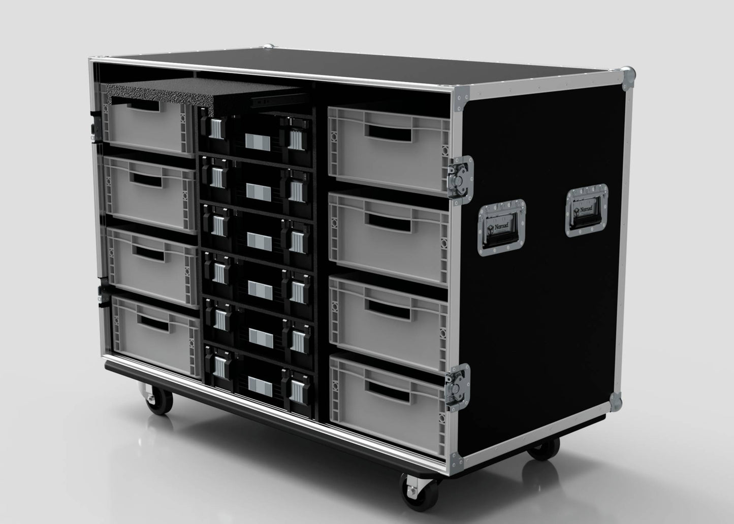 The 8 Way Euro Crate and 6 Stanley Fatmax Case is a large black wheeled storage case with metal edges, side handles, and includes multiple gray Euro crates.