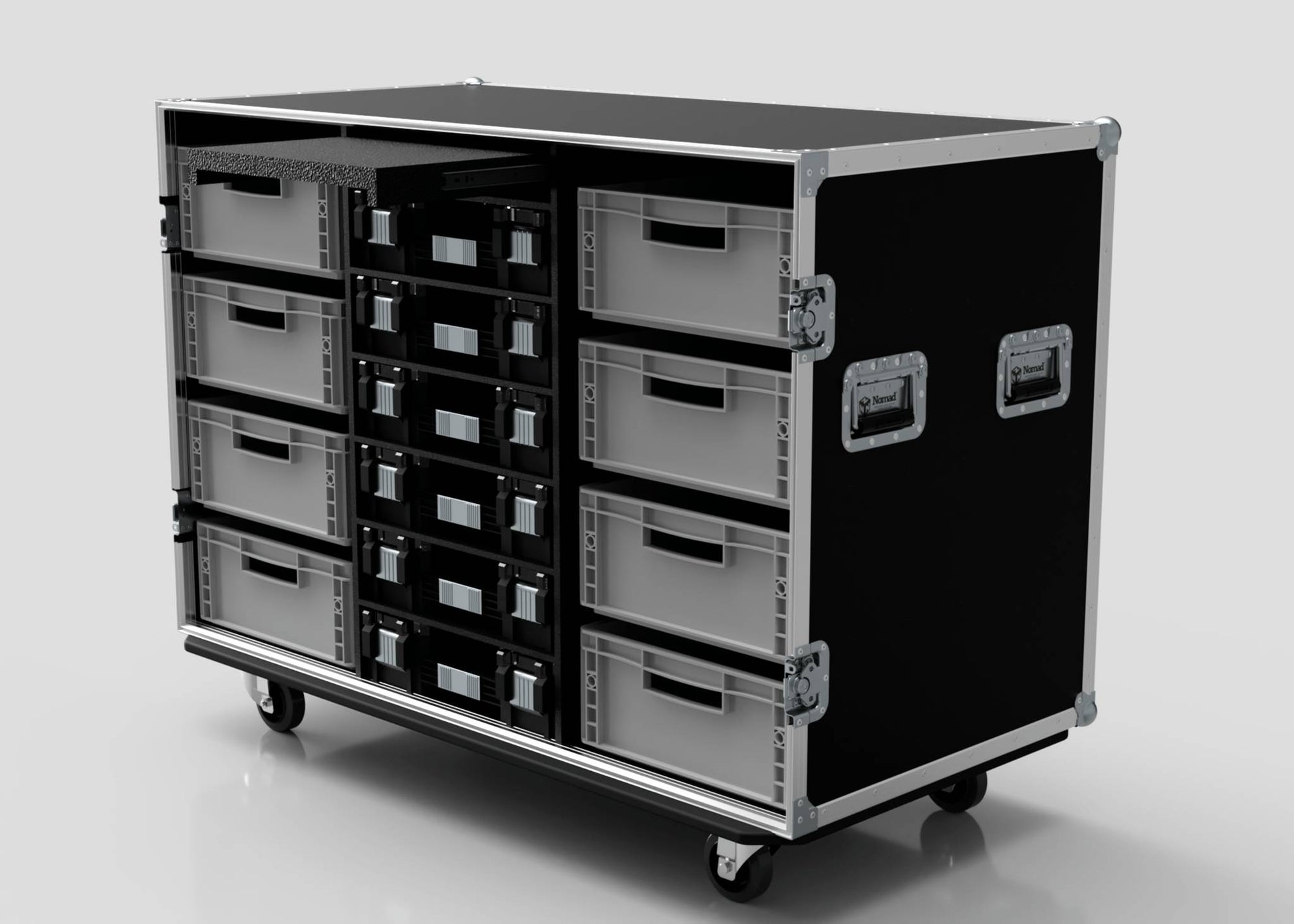 The 8 Way Euro Crate and 6 Stanley Fatmax Case is a large black wheeled storage case with metal edges, side handles, and includes multiple gray Euro crates.