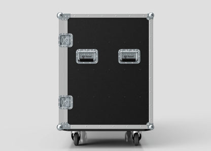 The 8 Way Euro Crate And 6 Stanley Fatmax Case—a black, wheeled hard case with metal reinforcements and two handles—stands upright against a white background, providing durable storage.