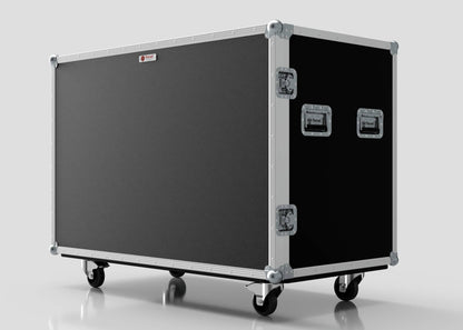 The 8 Way Euro Crate And 6 Stanley Fatmax Case, a large black flight case with metal edges, corner protectors, handles, latches, and four caster wheels, is set against a plain background.